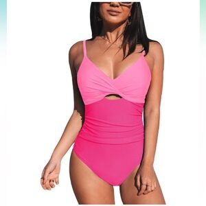 Cupshe L Pink Twist Cut Out 1 Pc Swimsuit Colorblocking Tummy Control. Size XL